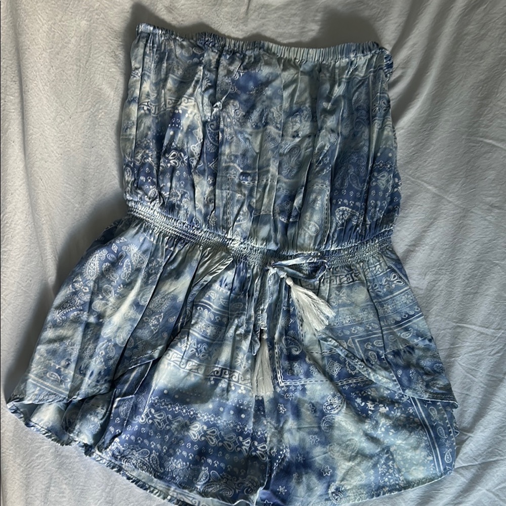 Blue and White Strapless Romper